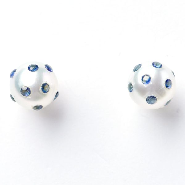 White South Sea Pearl Constellation Earrings with Blue Sapphires For Cheap